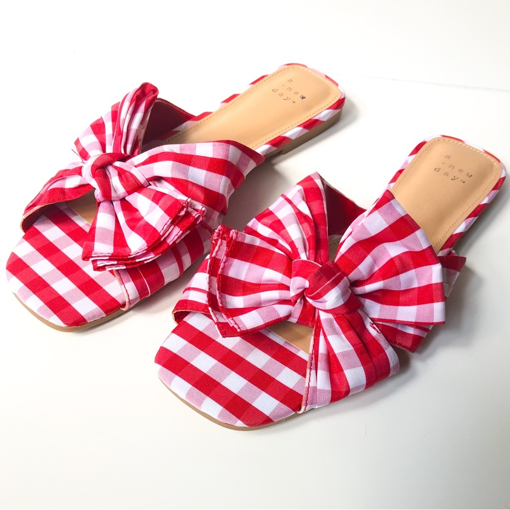 Gingham Slide Sandals in Red & White Summer Open toe slip on beach shoe size 8